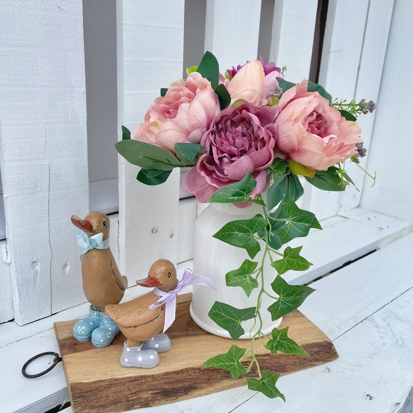 Marion Dusky Peonies and Blooms in White Ceramic Vase Artificial