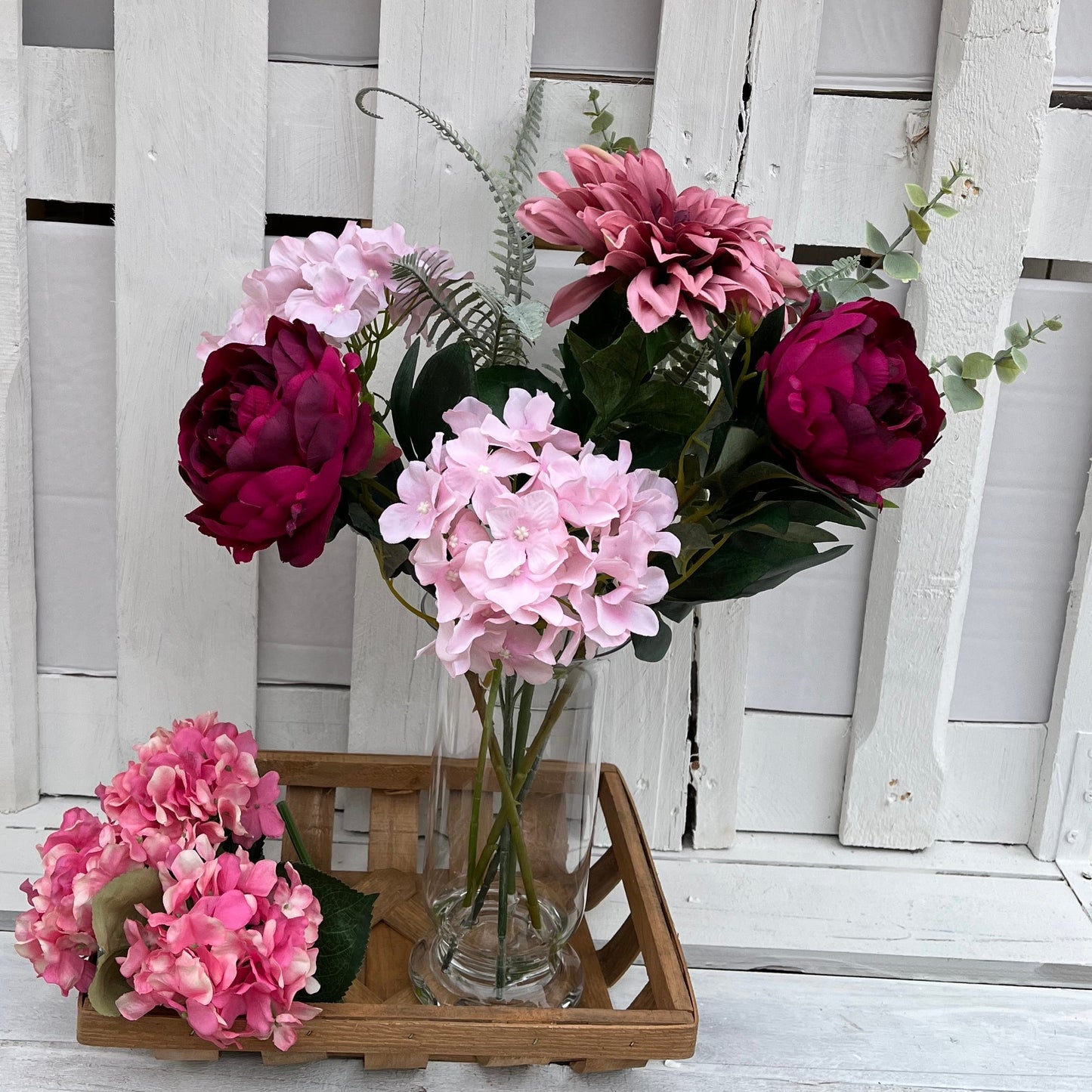 Millicent & Monarch Dahlia Arrangement in a glass vase
